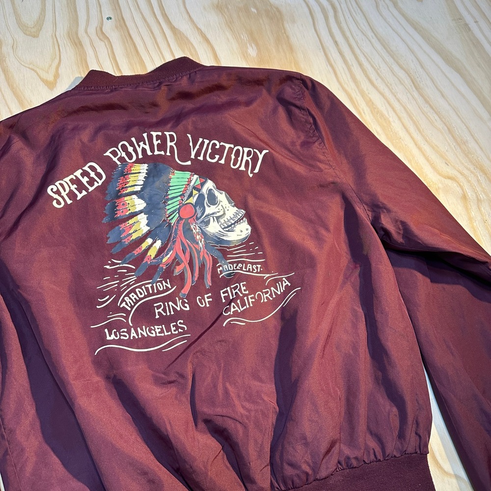 Ring of Fire Mens Medium Burgundy Speed Power Victory Skull Bomber Jacket